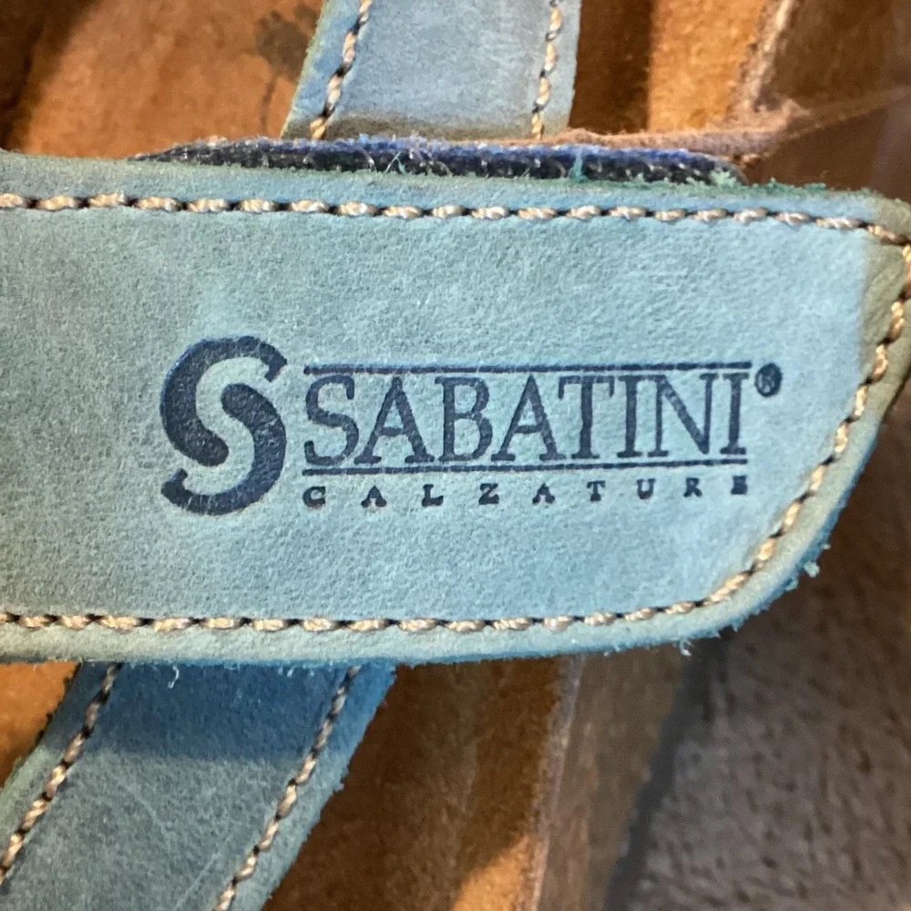 SABATINI Calzature Beige/Light Teal Leather Wedge Sandal, Women EU 39/US 8/UK 6